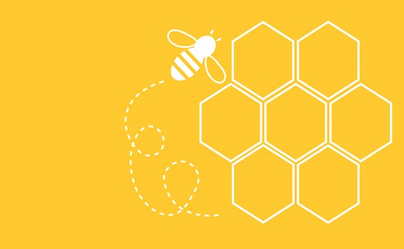 yellow and white design of bee and hexagon shapes forming honeycomb